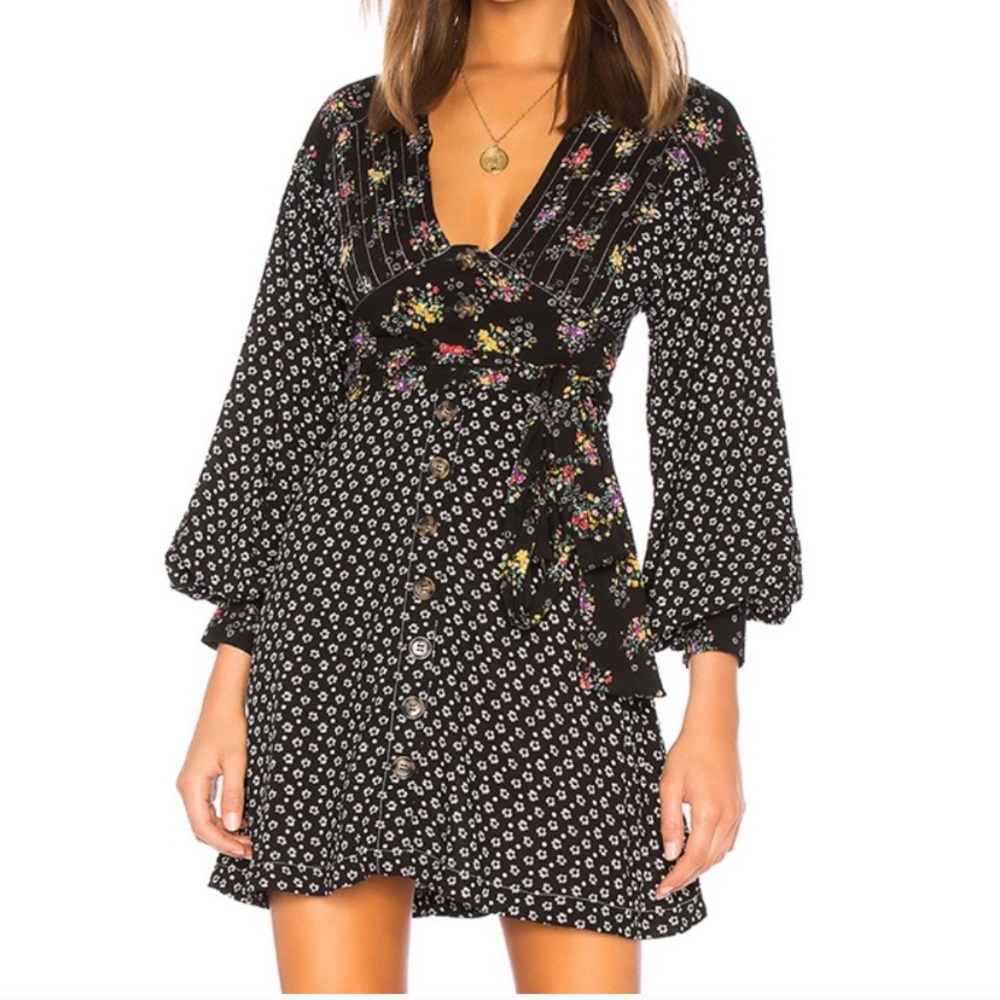FREE PEOPLE WONDERLAND V-NECK FLORAL LONG SLEEVE BUTTON FRONT DRESS BLACK Boho